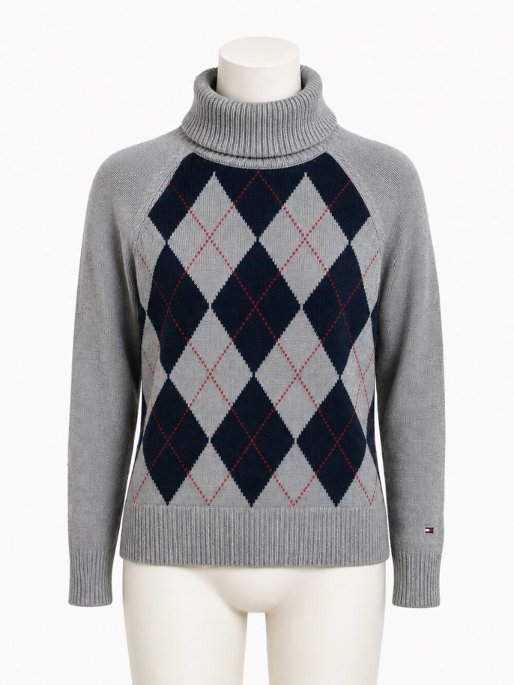 Tommy Hilfiger Gray Argyle Turtleneck Sweater Women’s M Y2K Preppy